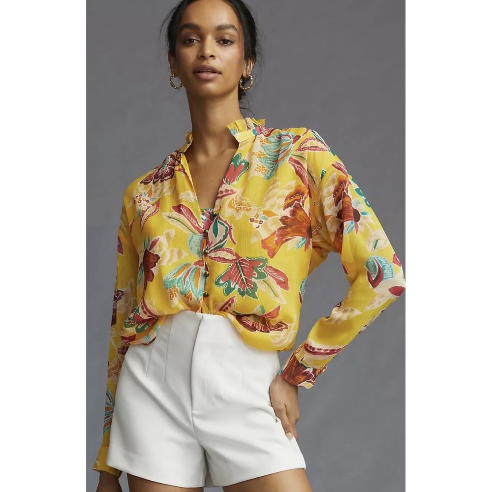 Anthropologie Yellow Floral Button-Front Tunic
